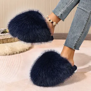 Close-up detail showing the fluffy navy blue faux fur texture on soft indoor slippers