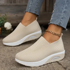 Comfortable beige knit rocker shoes with air cushion and non-slip soft sole for women