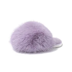 Elegant fluffy faux fur closed-toe slippers for women in soft lavender purple for winter