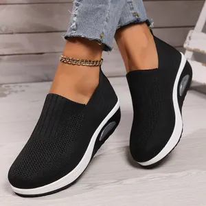 Comfortable black knit rocker sneakers with air cushion, non-slip soft sole for women