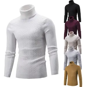 Men's slim-fit turtleneck sweater featuring classic cable-knit texture and multiple colors.