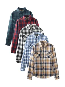 macro view of five different colored plaid flannel shirts with warm fleece lining