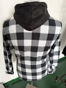 Back view of men's black and white plaid hooded jacket with warm fleece lining