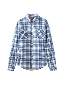 Men's winter blue plaid long sleeve shirt with warm fleece lining and chest pockets