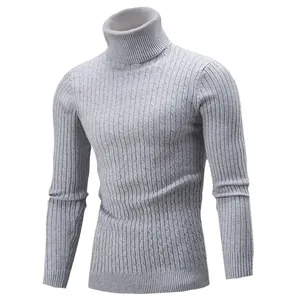 Detailed view of men's grey slim fit turtleneck sweater with cable knit pattern