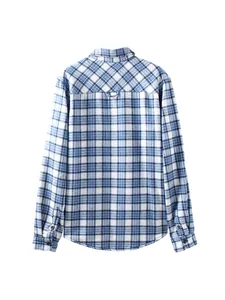 Back view of a blue and white plaid flannel shirt with a clean minimalist design