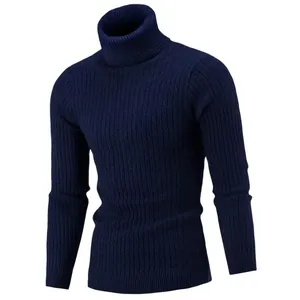Detailed view of navy blue men's turtleneck sweater with classic cable knit pattern