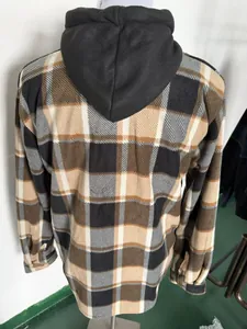Back view of men's warm fleece-lined plaid hooded jacket featuring earth tones