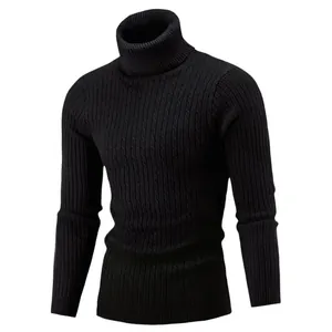 Detailed close-up of a black men's slim-fit cable-knit turtleneck warm sweater
