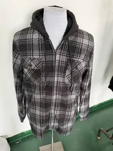 Casual men's grey plaid hooded jacket featuring a warm fleece lining and front zipper