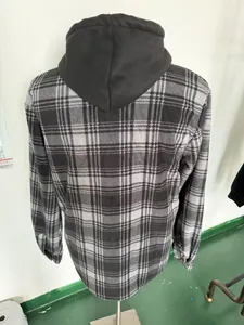 Detailed back view of a men's thick plaid hooded jacket with warm fleece lining