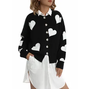 Elegant women's black knit cardigan featuring white heart jacquard over shirt dress