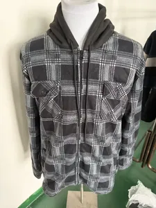 Detailed front view of men's grey plaid fleece-lined hooded jacket with zipper closure