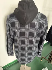 Back view of a men's thickened plaid hooded cardigan jacket with a black fleece hood