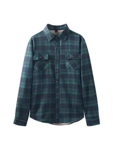 Men's green and blue plaid flannel shirt jacket with warm sherpa fleece lining for autumn winter