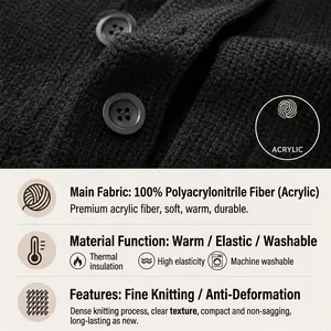 Black men's button-up knit cardigan sweater featuring 100% acrylic warm fabric details
