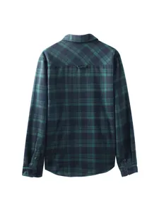 Detailed back view of a classic green and navy blue plaid flannel long-sleeve shirt for men