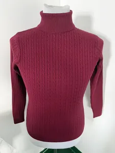 Detailed view of burgundy cable knit turtleneck sweater for men with ribbed texture