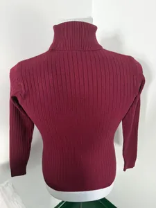 Back detail of a premium burgundy slim fit ribbed knit turtleneck sweater for men