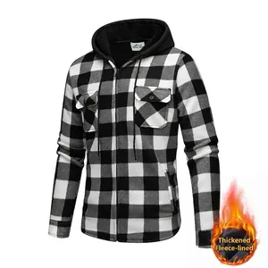 Stylish men's black and white checkered hooded jacket featuring warm fleece lining