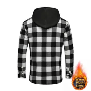 Back view of a men's black and white buffalo plaid hooded jacket with warm fleece lining
