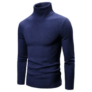 Maglione a collo alto da uomo blu navy in maglia a coste dalla vestibilità aderente