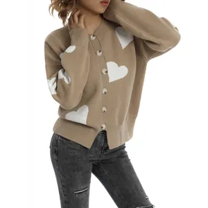 Detail view of a stylish khaki knit cardigan featuring white heart jacquard patterns.