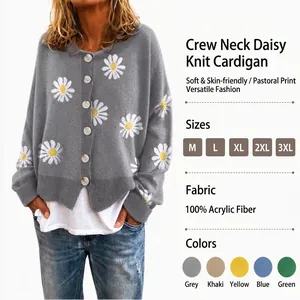 Women's Fashion Daisy Jacquard Knit Cardigan Simple Casual Loose Long Sleeve Button Down Polyester Sweater Outerwear