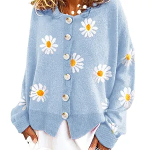 Women's light blue knitted cardigan with white daisy prints and button-up front