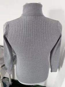 Men's gray slim fit turtleneck sweater with vertical ribbed knit detail, back view.
