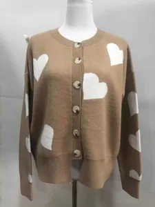 Front view of brown knit cardigan with white jacquard heart patterns on a mannequin