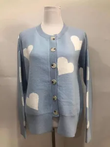 Full front view of light blue women's knit cardigan with white heart jacquard patterns.