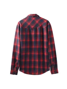 Back view of men's red and navy plaid long-sleeved flannel shirt on a clean white background