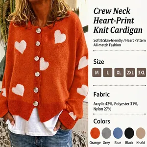 Women Heart Pattern Knit Cardigan Loose Long Sleeve Button Down Sweater Top Vintage Jacquard Casual Elegant Knitwear