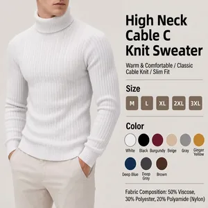 Men's Slim Fit Turtleneck Sweater Solid Color Cable Knit Warm Pullover Long Sleeve Knitted Top For Autumn Winter