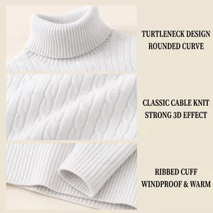 Premium white cable knit turtleneck sweater detailing collar, texture, and ribbed cuffs