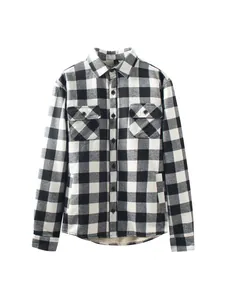 Close-up detail of men's black and white checkered fleece-lined warm shirt jacket