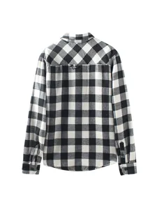 Detailed back view of a classic black and white buffalo check men's plaid shirt