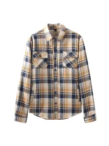 Detailed front view of men's winter plaid shirt jacket with fleece lining and buttons