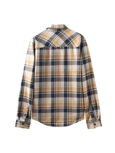 Detailed back view of a men's warm flannel plaid shirt with yellow and navy pattern.