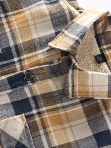 Close-up of men's plaid flannel shirt showing warm sherpa fleece lining and texture