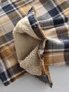 Macro view of men's plaid shirt showing the thick and warm sherpa fleece lining