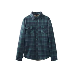 Men's winter fleece-lined flannel plaid shirt with long sleeves and collar
