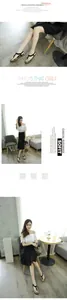 Asian model in black T-strap flat sandals with metallic accents in a lifestyle setting.