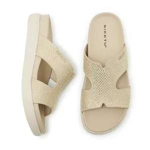 Sandalias de plataforma beige para mujer con pedrería en vista superior y lateral