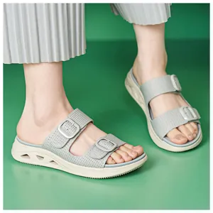 Close-up detail view of women's breathable chunky sole sport sandals with double buckle straps