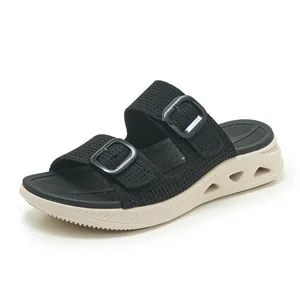 Detail view of breathable mesh platform slide sandals for women with buckle straps