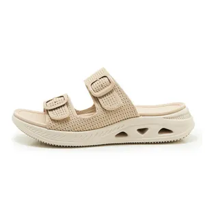 Side view of beige knit platform sandals with double adjustable buckle straps