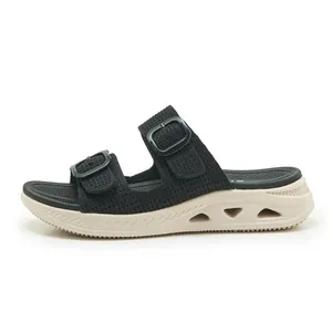 Detailed side view of women's breathable hollow platform sports sandals with black mesh