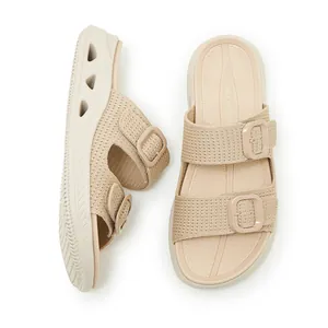 Detailed view of beige breathable platform sandals for women with dual buckle straps